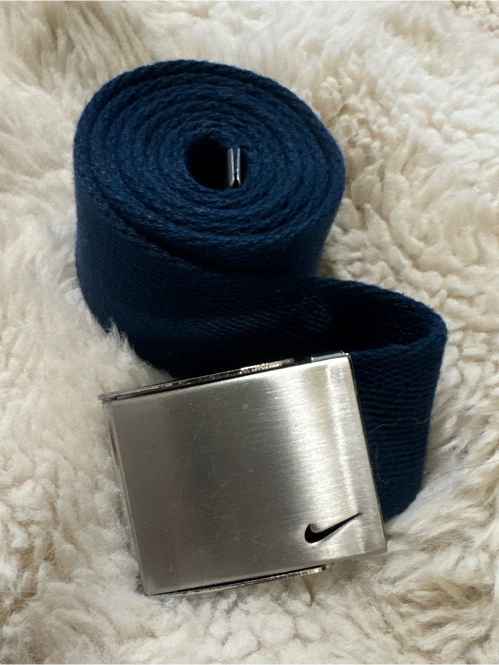 Nike Men’s Navy Webbing Belt with Brushed Silver Buckle - Swoosh Detail